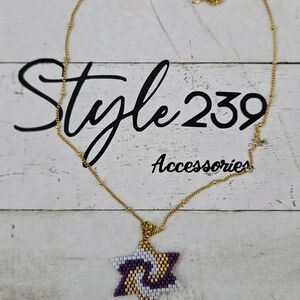 18kt Gold Plated Adjustable Necklace with Purple and Gold Miyuki Star Pendant